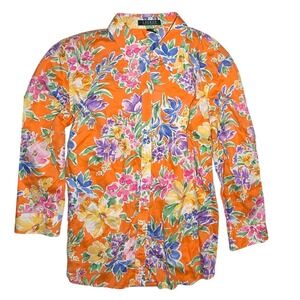 Lauren Ralph Lauren Women's Orange Floral Long Sleeve Button Down blouse XL NWOT